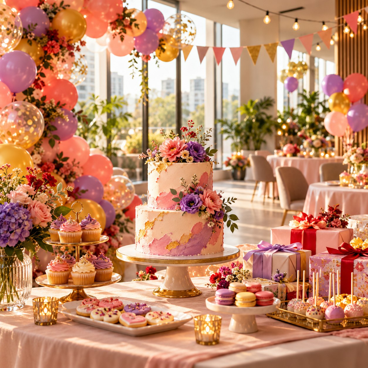A beautifully styled birthday party with a decorated cake, colorful balloons, treats and gifts